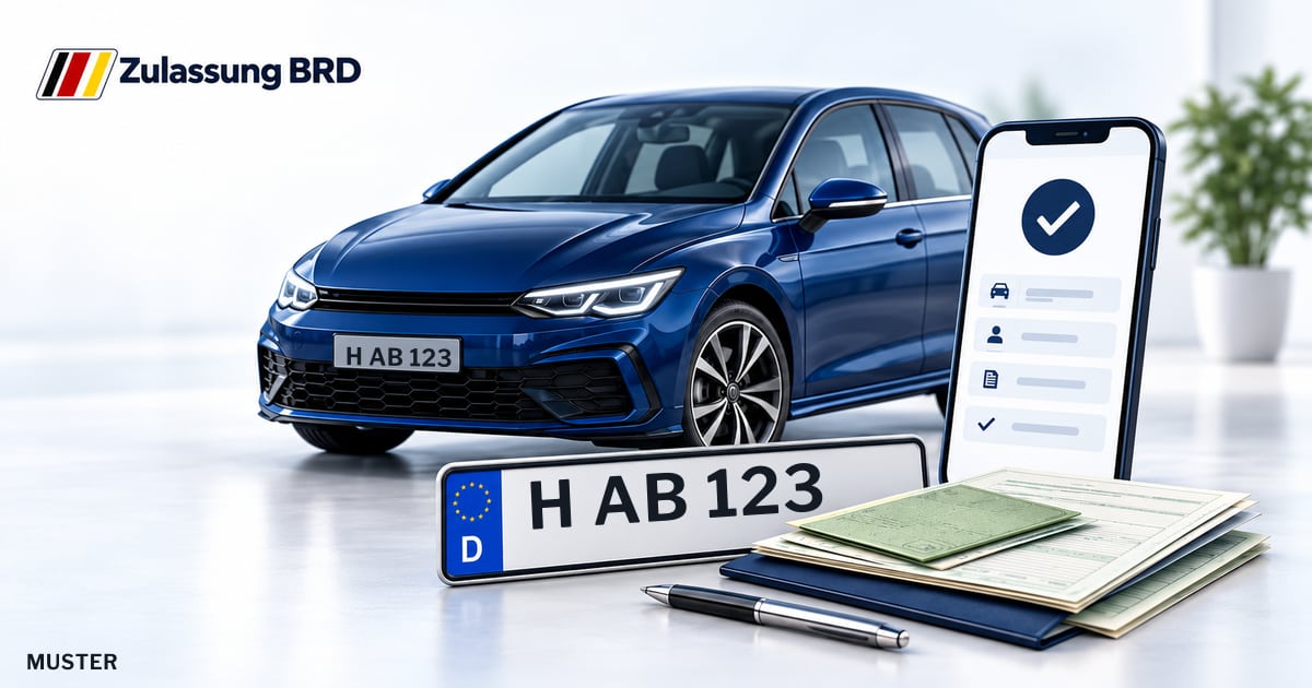 Online Fahrzeugzulassung in Langenhagen: Musterkennzeichen H AB 123, Auto und Fahrzeugpapiere und Smartphone. Illustration mit Logo von Zulassung BRD.